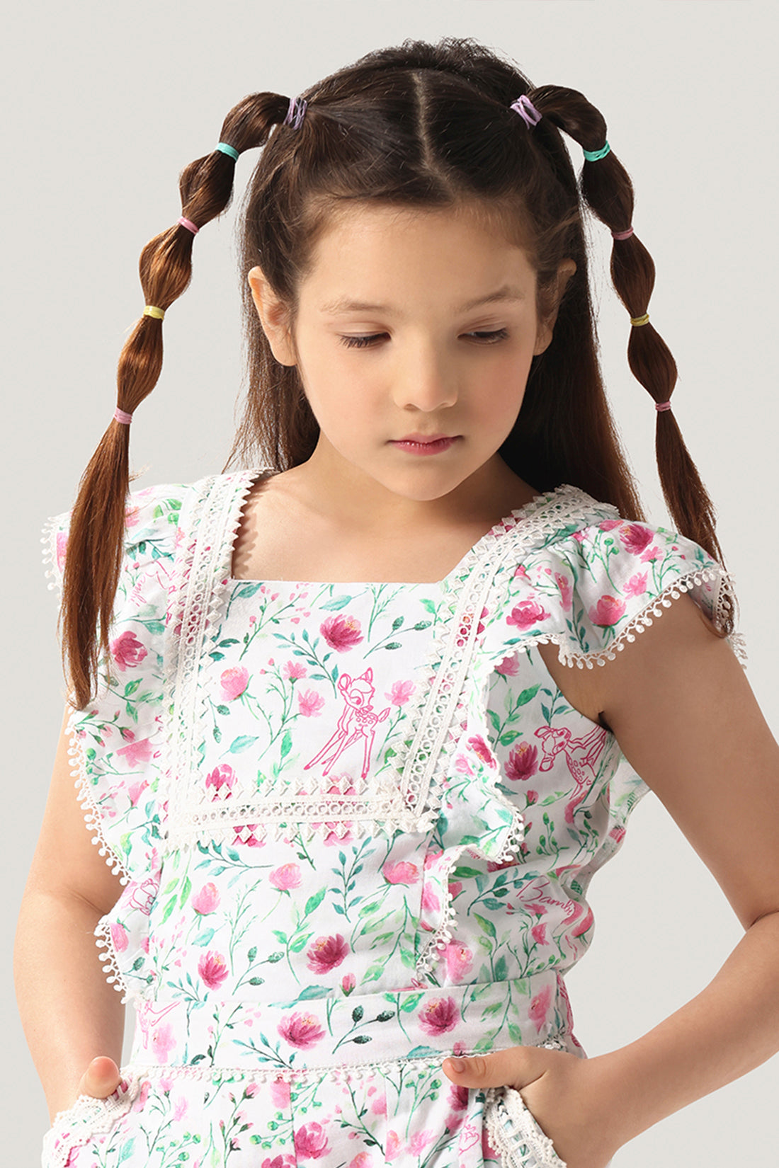 One Friday Kids Girls Bambi Printed Laced Cotton Top