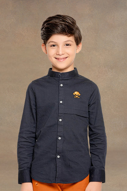 One Friday Kids Boys Navy Blue Mandarin Collared Shirt