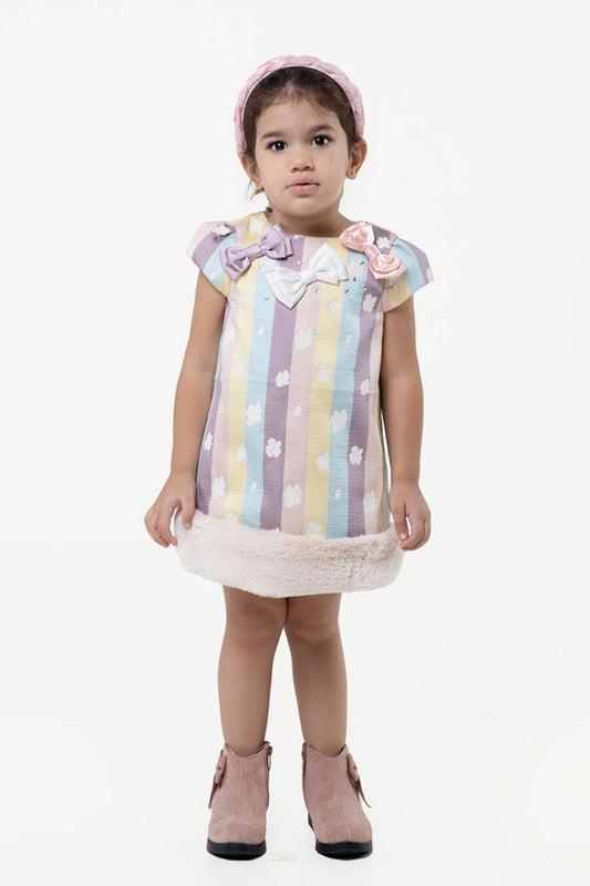 OneFriday Varsity Chic Multicolored Stripes and Blooms Dress for Girls