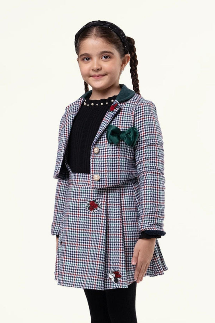 Kids Girls Multi Check Blazer with Minnie Mouse Embroidery at back
