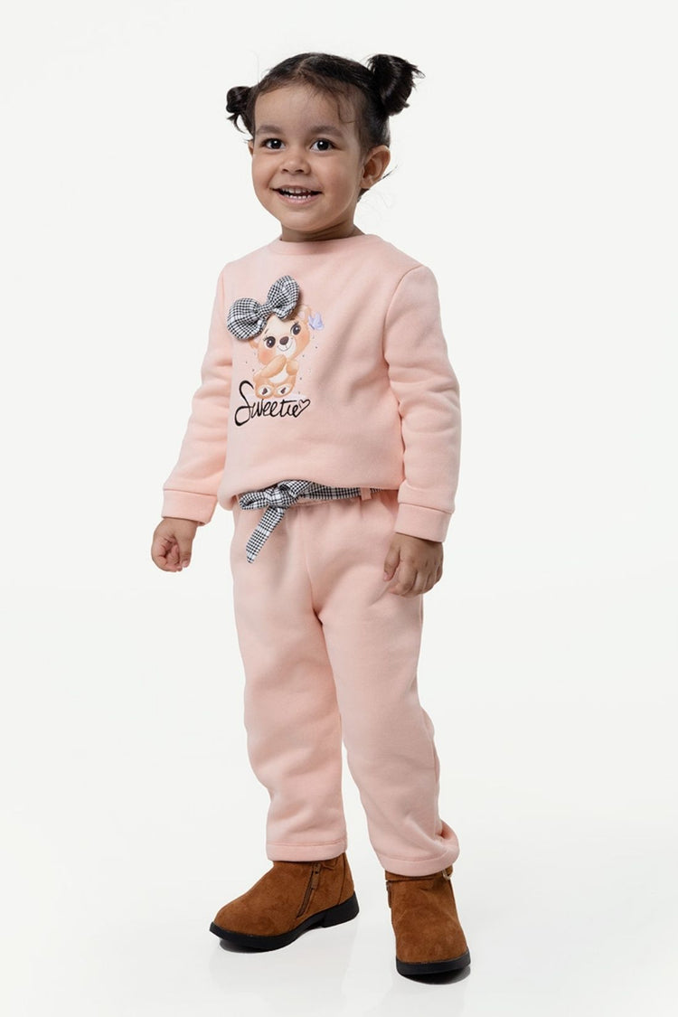 Peach Round Neck Cotton Sweatshirt With Trouser Set For Baby Girls