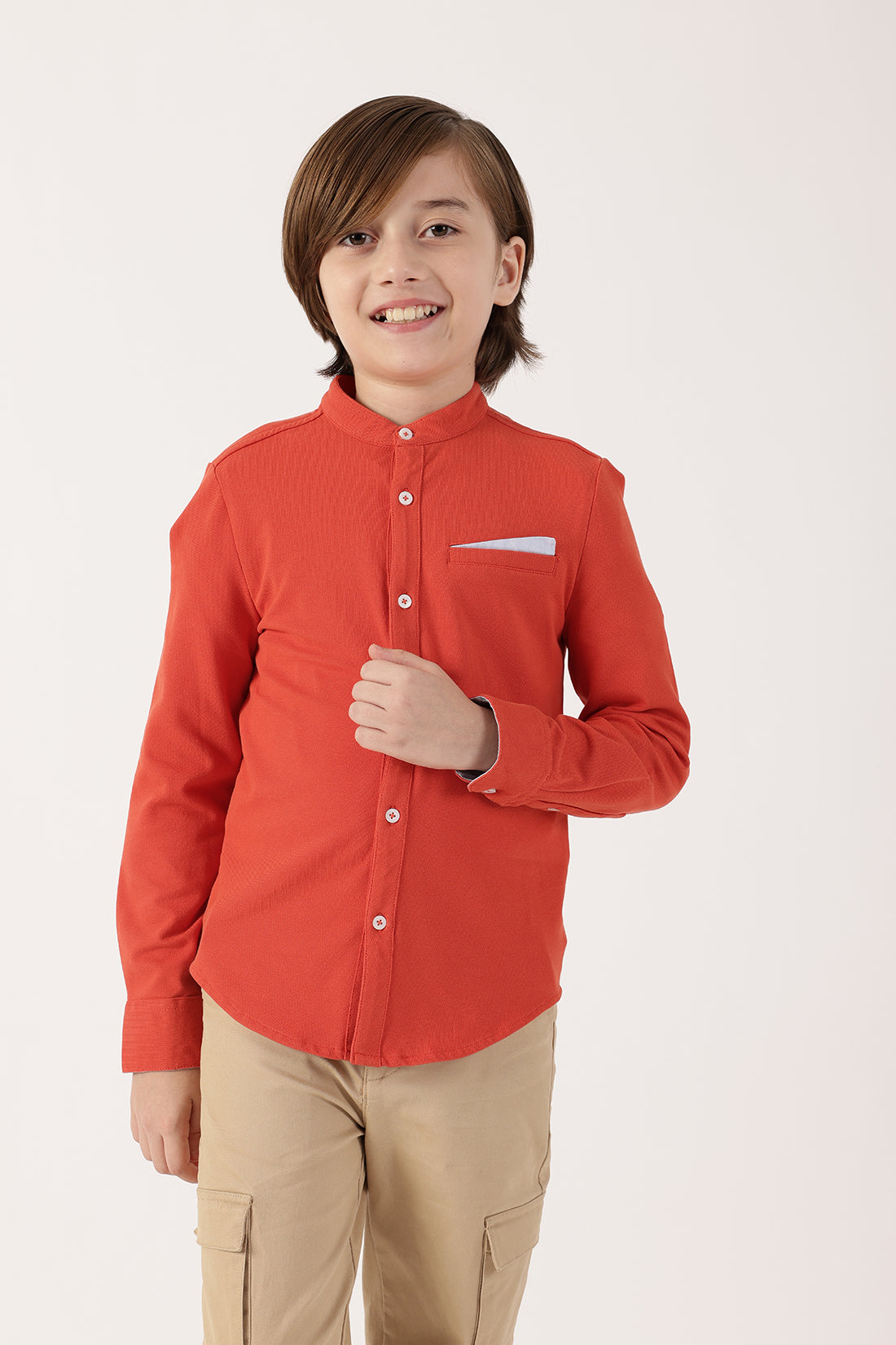 Boys’ Orange Full Sleeve Mandarin Collar Shirt