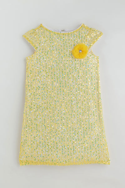 Girls Yellow A-Line Cap Sleeve Solid Dress By One Friday