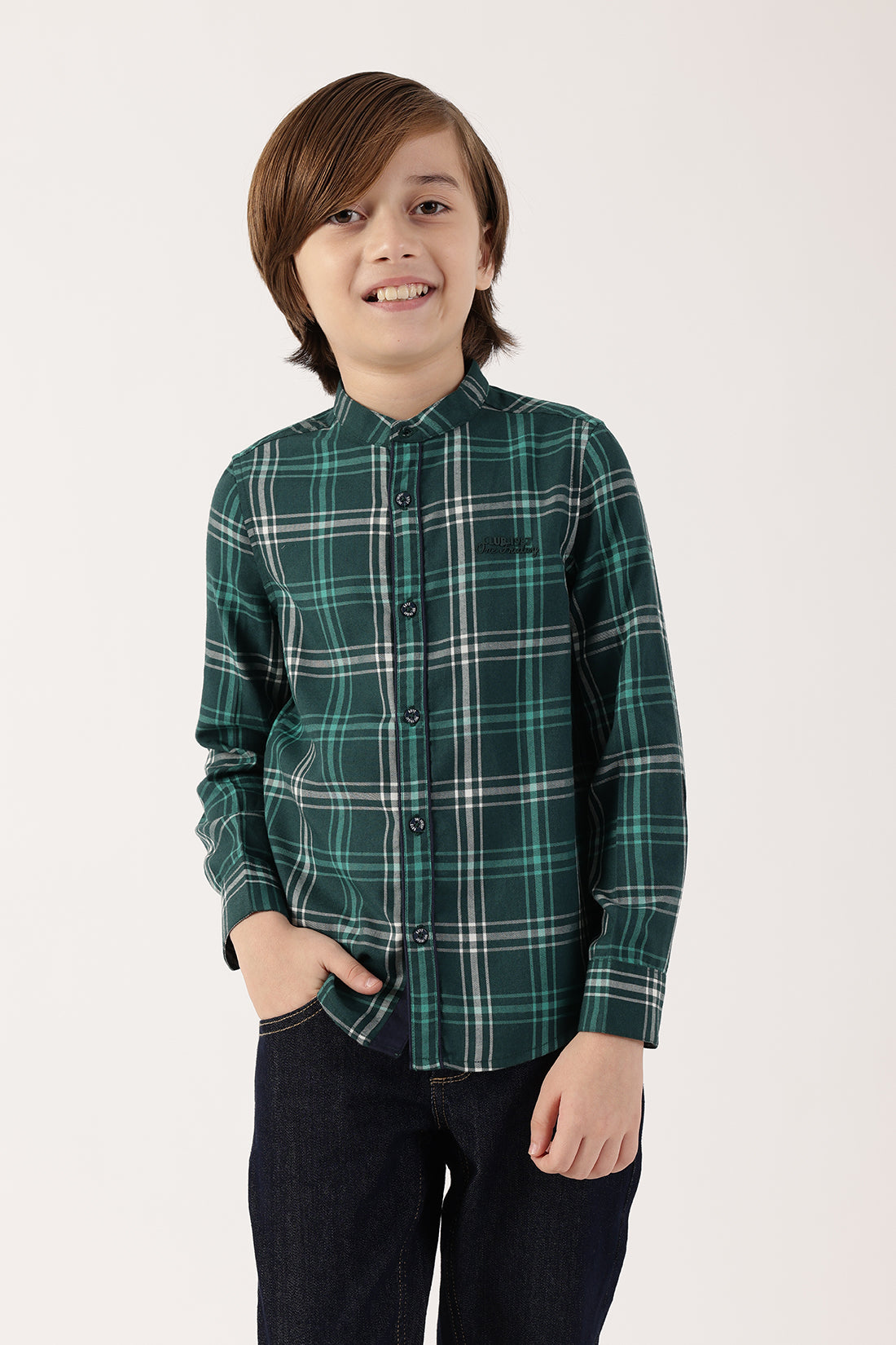 One Friday Boys Green Checked Woven Shirt – Full Sleeves, Chinese Collar, Buttoned, Premium Polyester-Viscose Blend