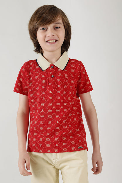 Boys Red Regular Fit Half Sleeve Printed Polo T-Shirt by One Friday