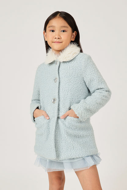 Girls Aqua Fur Buttoned Shirt Collar Overcoat