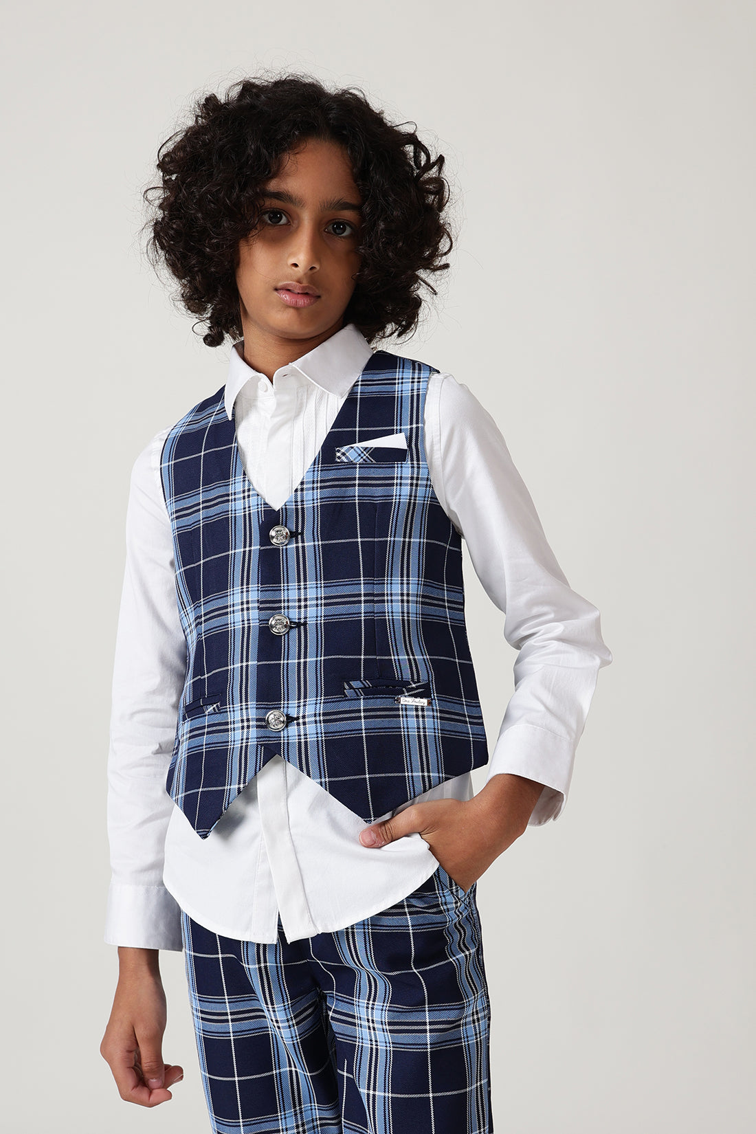 Boys Blue Slim Fit Sleeveless Checked Waistcoat by One Friday