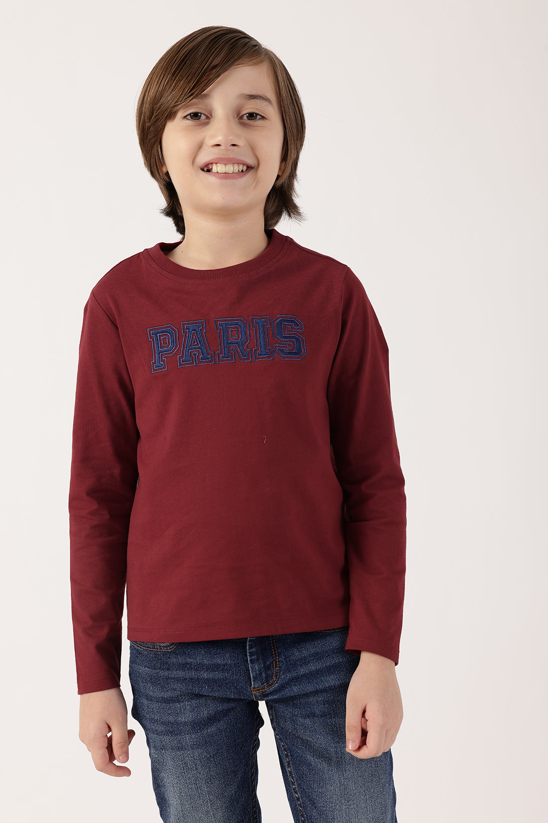 Boys Red Round Neck Full Sleeve Cotton T-Shirt