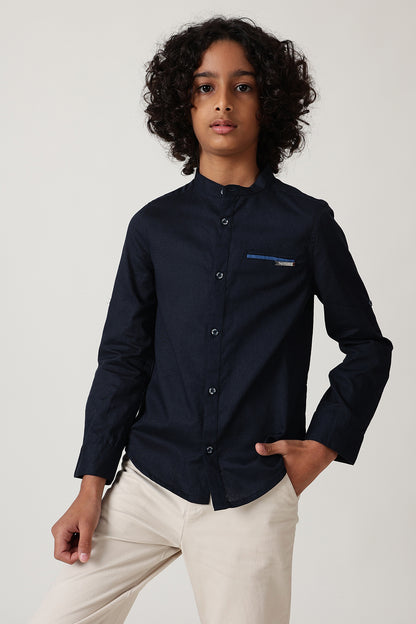 Boys Navy Blue Regular Fit Full Sleeve Solid Shirt by One Friday