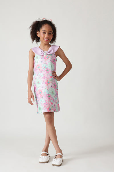Girls Multi Color A-Line Off-Shoulder Floral Printed Dress