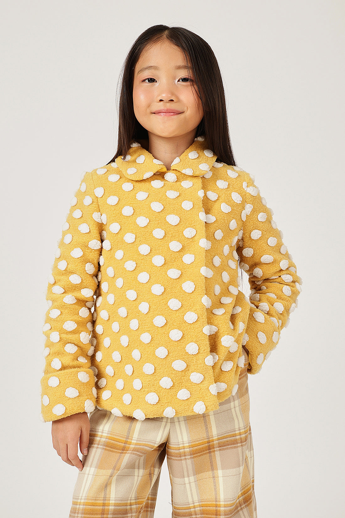 Girls Mustard Polka Dot Buttoned Overcoat