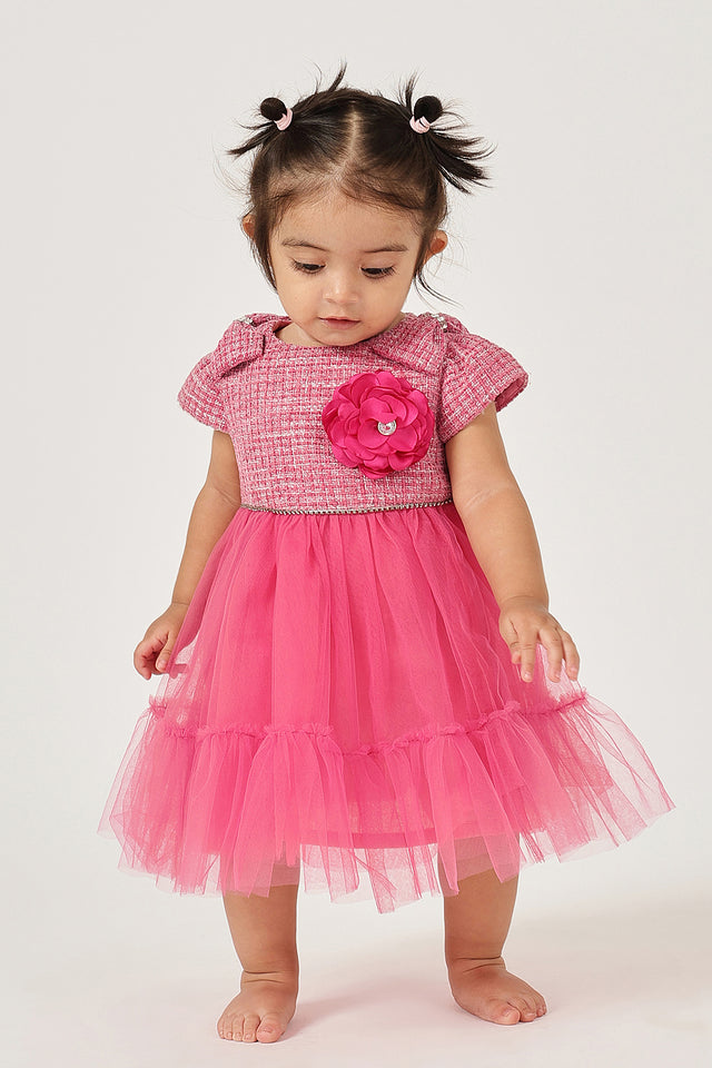 One Friday Baby Girls Pink Boucle Dress – Round Neck, Cap Sleeves, Zip, Retro Pop