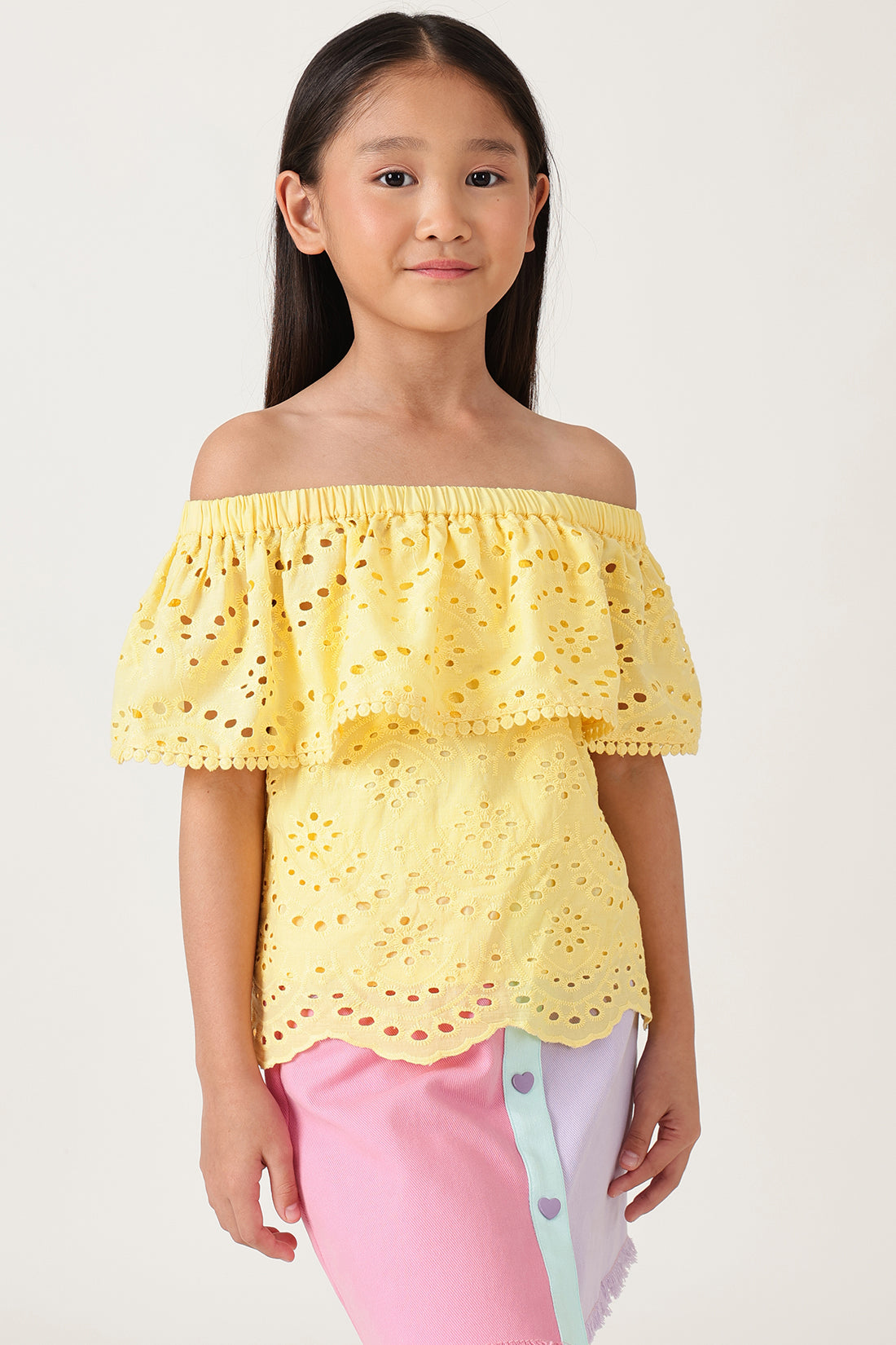 One Friday Girls Yellow Schiffly Top