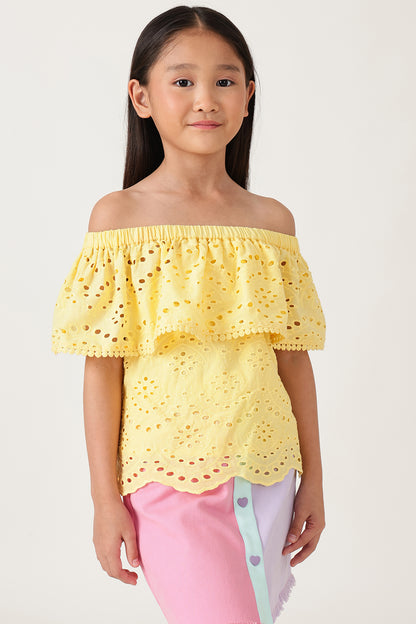 One Friday Girls Yellow Schiffly Top