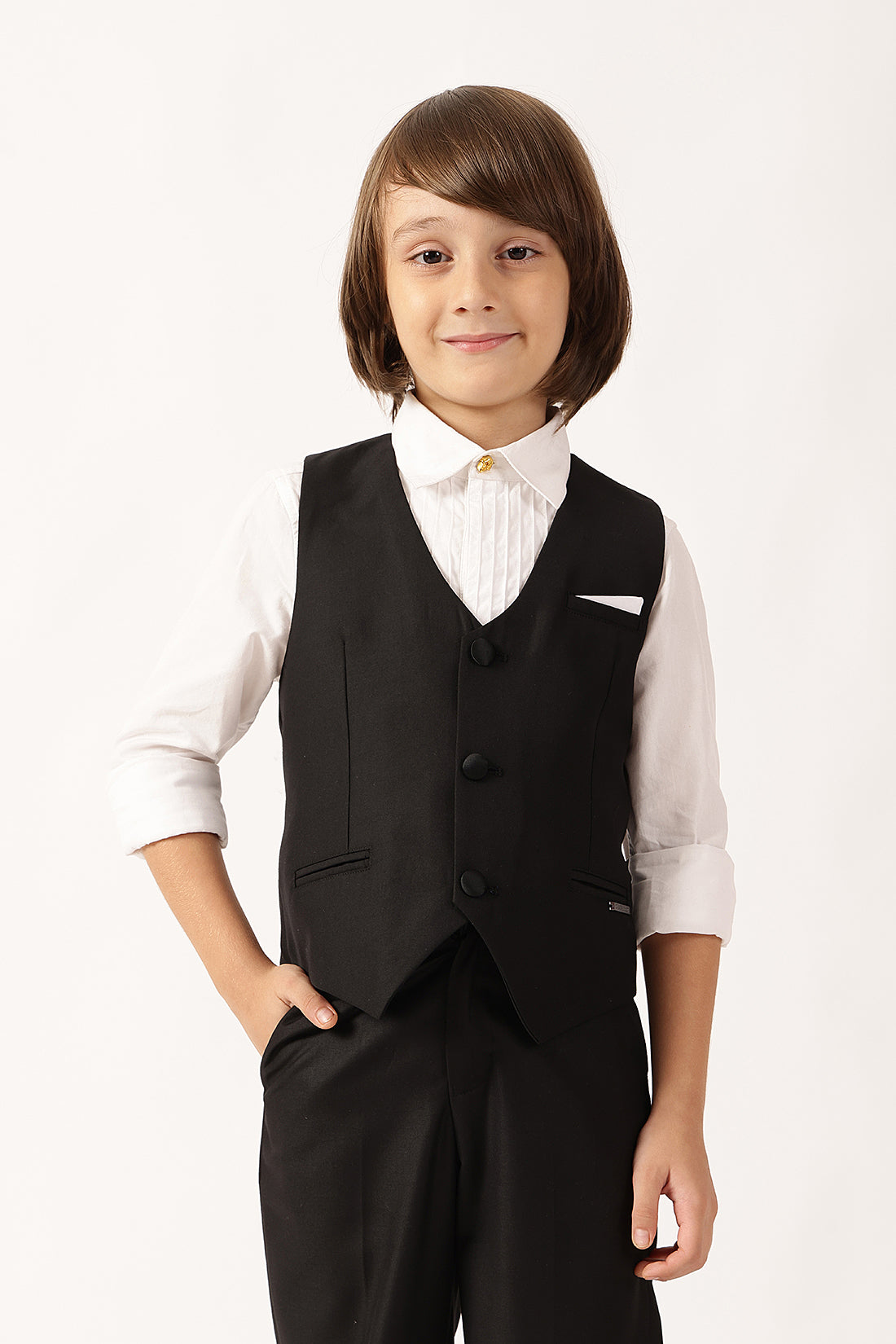 Boys Black Sleeveless V-Neck Button Waistcoat
