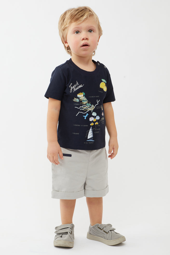 One Friday Baby Boys Navy Blue Texture Printed T-Shirt