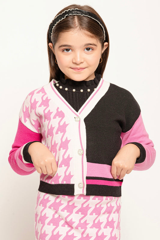 Kids Girls Pink Abstract Knitted Sweater