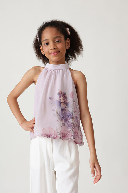 Girls Lavender Flared Sleeveless Fairy Print Top by One Friday