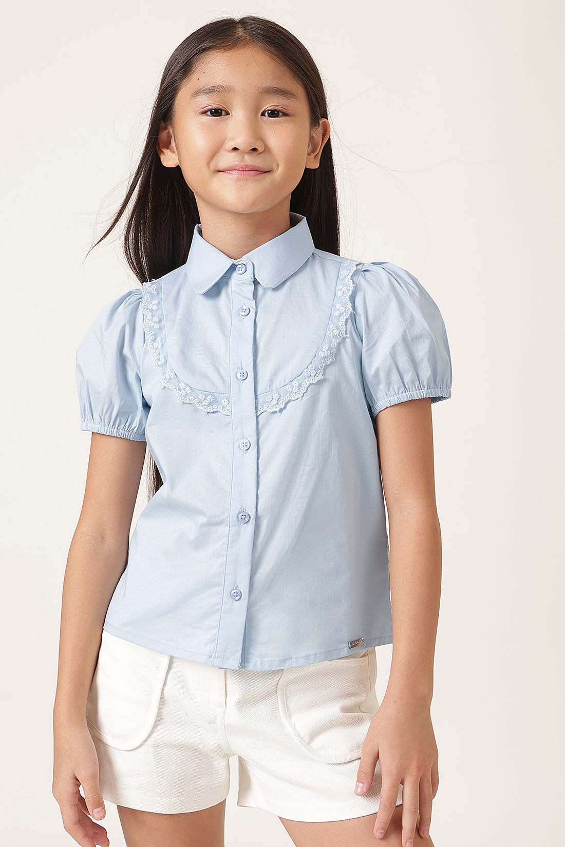 Girls Blue Solid Polyester Summer Top – Button Front
