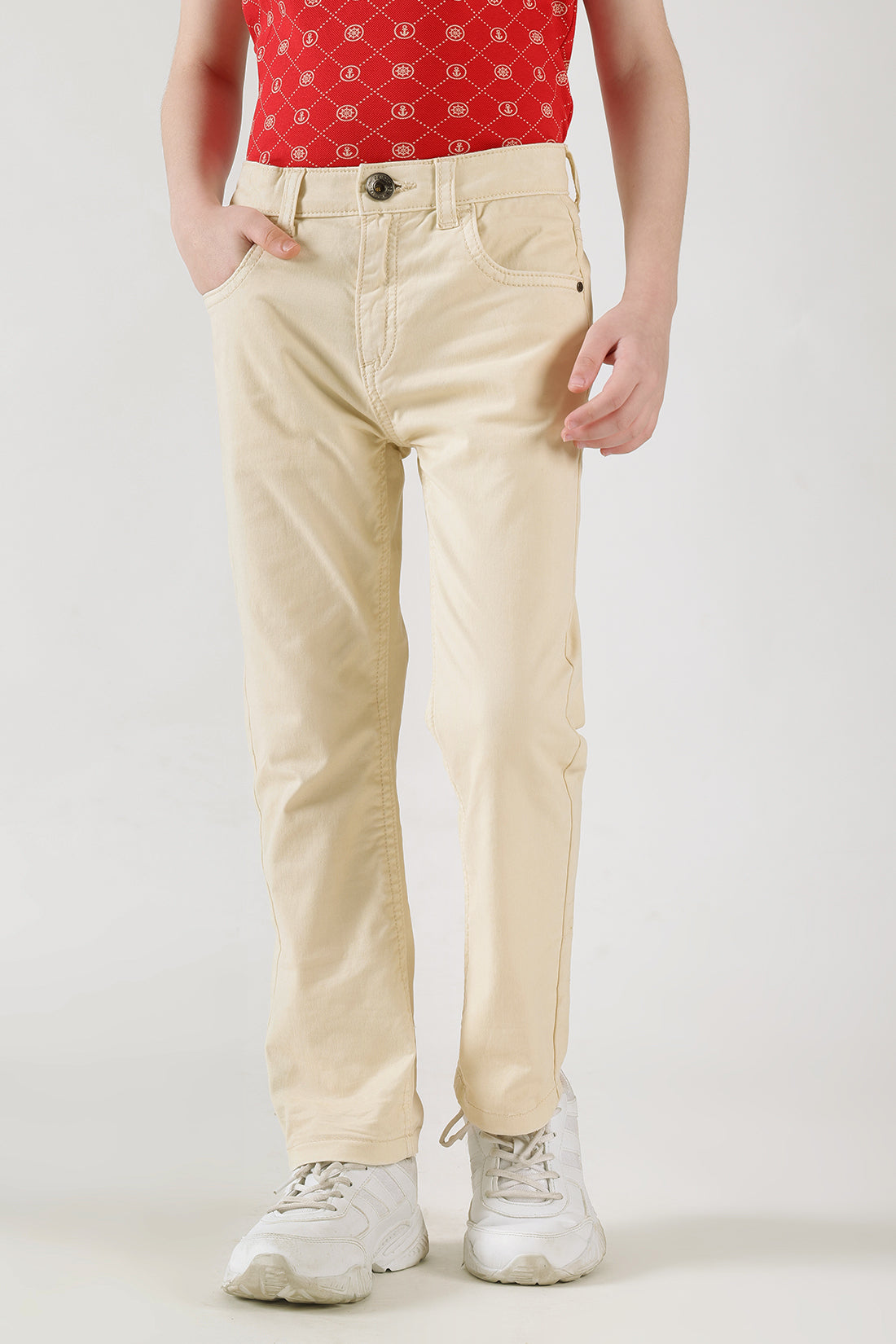Boys Beige Regular Fit Solid Trouser by One Friday