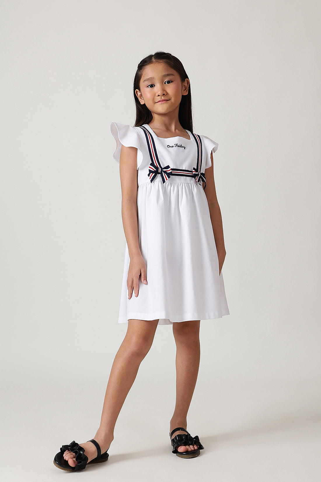 Girls White Fitted & Flared Sleeveless Solid Dress by One Friday