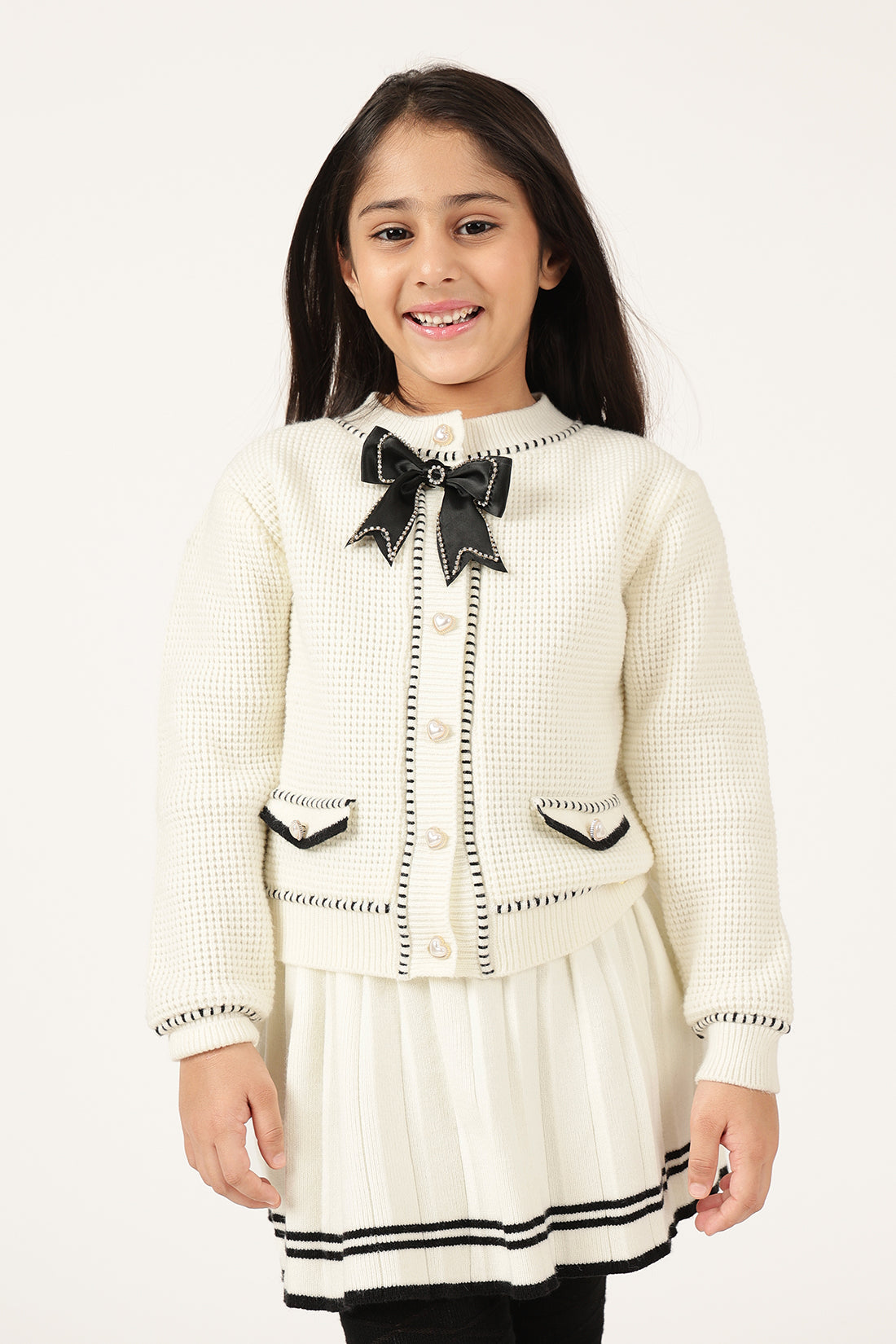 Girls Off White Round Neck Knit Cardigan