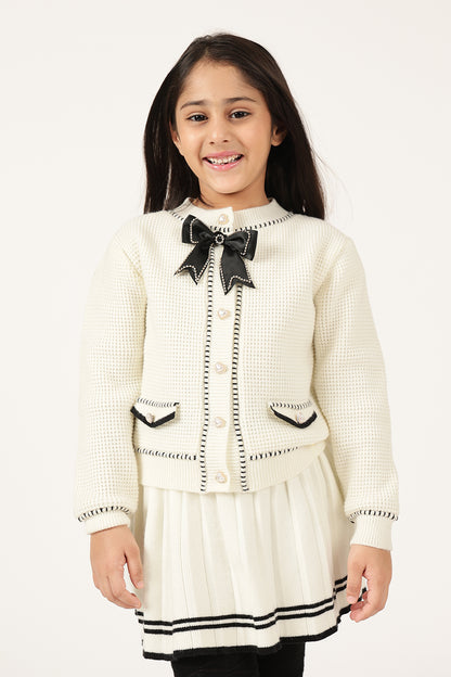 Girls Off White Round Neck Knit Cardigan