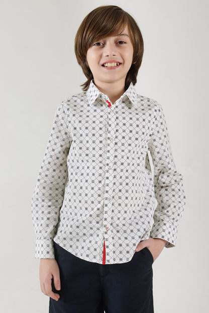 Boys Off White Regular Fit Full Sleeve Printed Shirt by One Friday