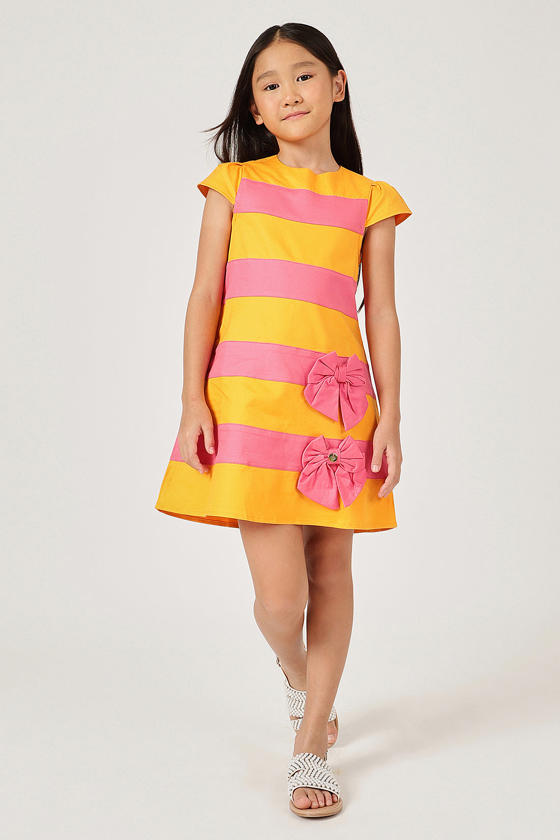 Girls Orange Striped Cotton Round Neck Cap Sleeve Dress | One Friday