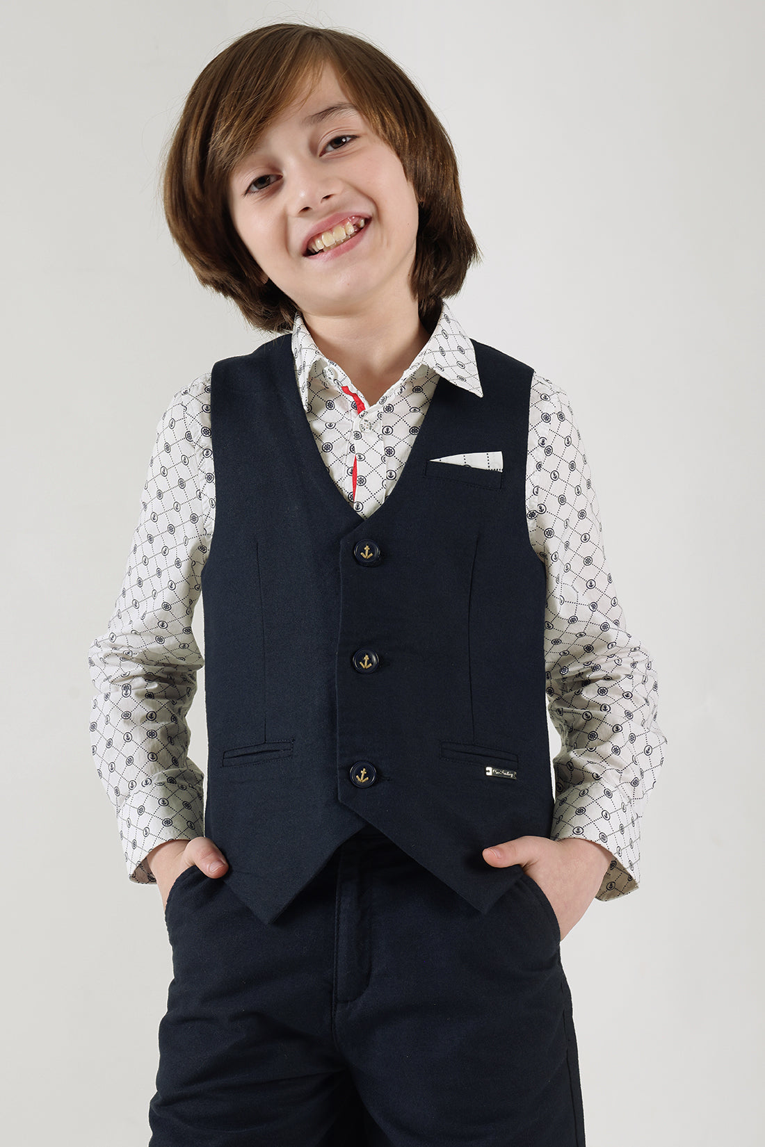 Boys Navy Blue Slim Fit Sleeveless Solid Waistcoat by One Friday