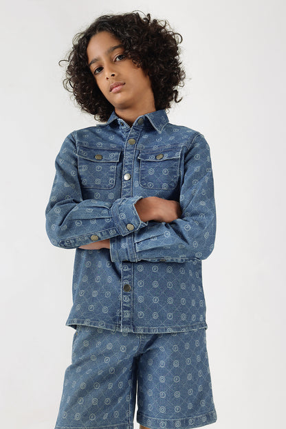 Boys Blue Full Sleeve Loose Fit Printed Shirt by One Friday
