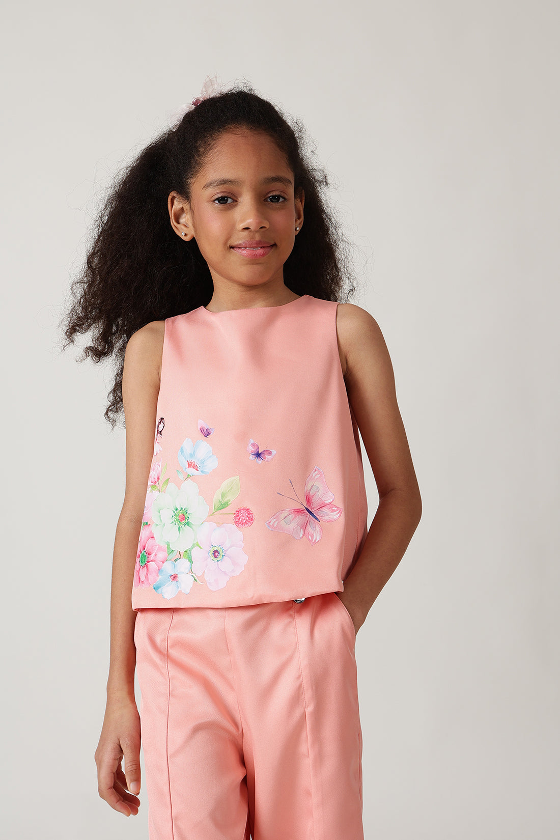 Girls Peach A-Line Sleeveless Printed Top by One Friday