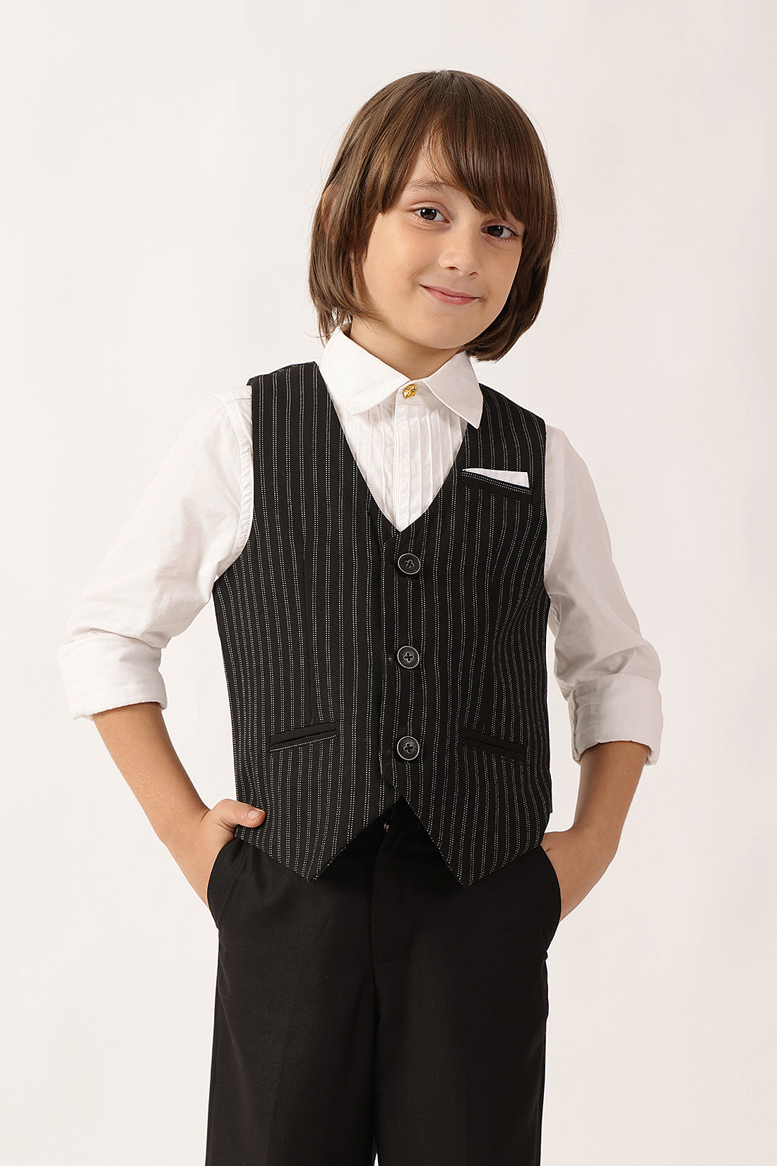 Boys Black Striped Sleeveless Waistcoat