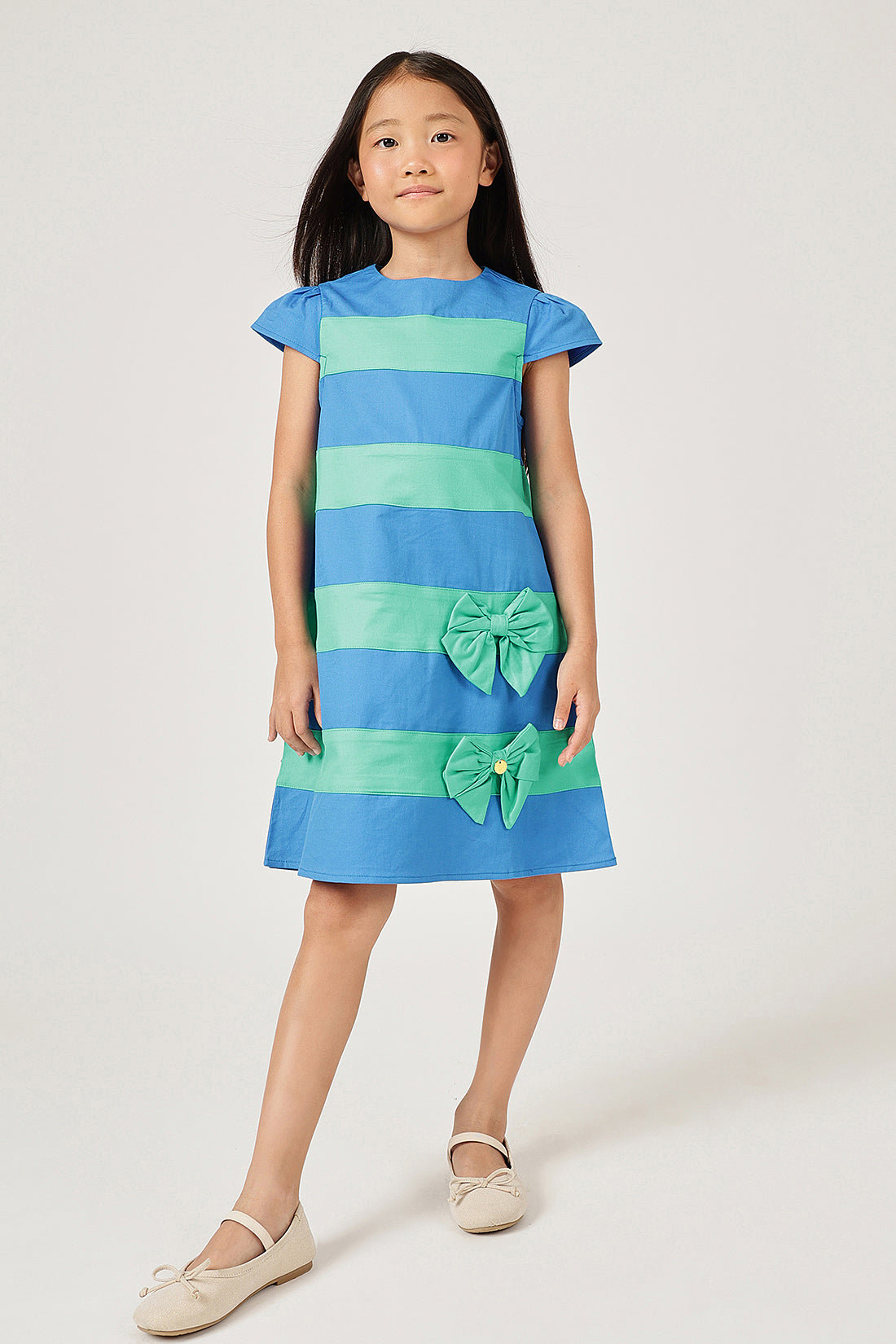 One Friday Girl’s Blue Striped Woven Dress – Round Neck, Easy Wash