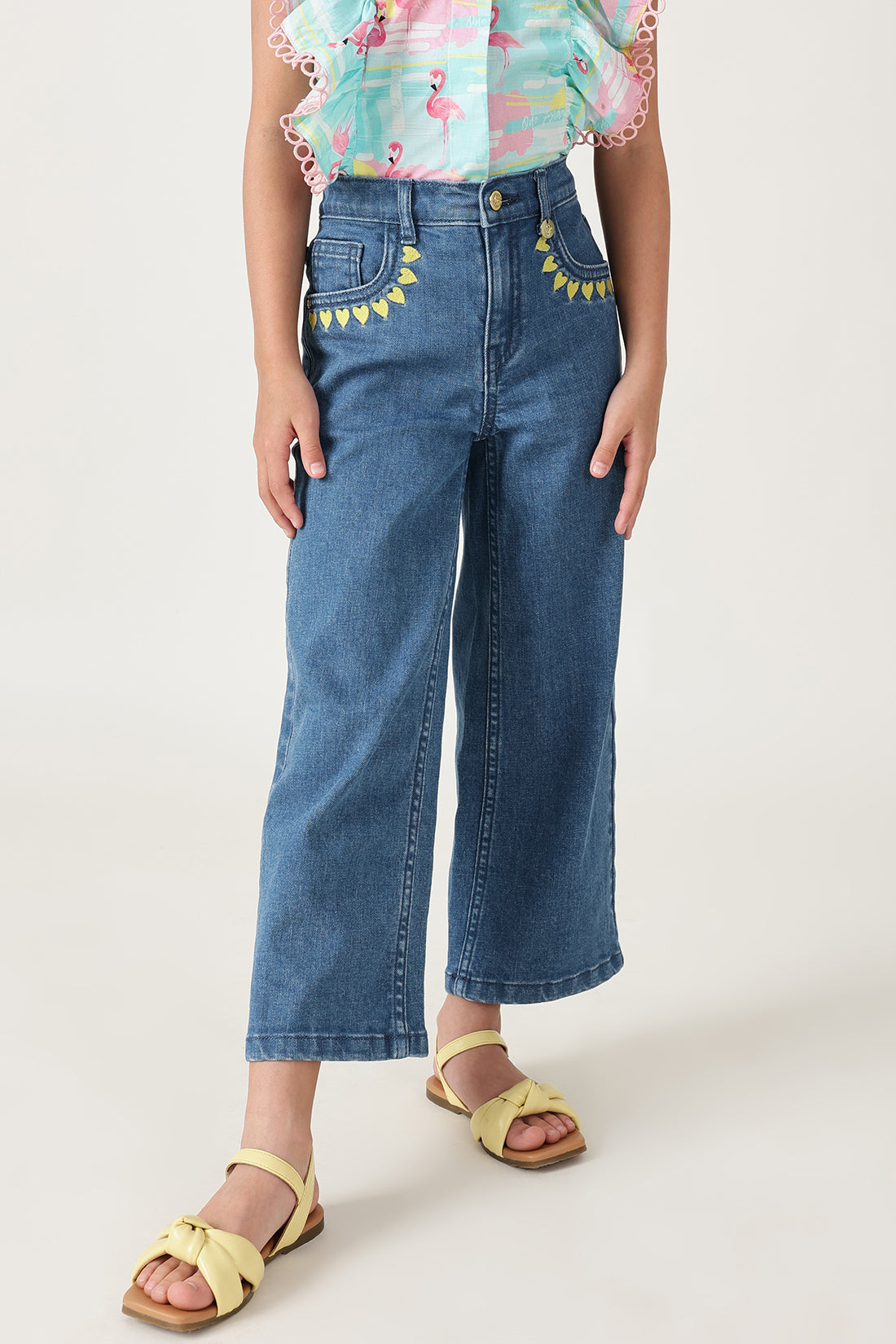 Girls Medium Blue Straight Fit Solid Jeans by One Friday