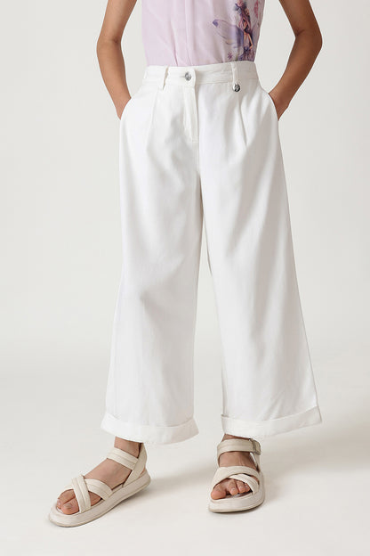 Girls White Flared Solid Trouser by One Friday