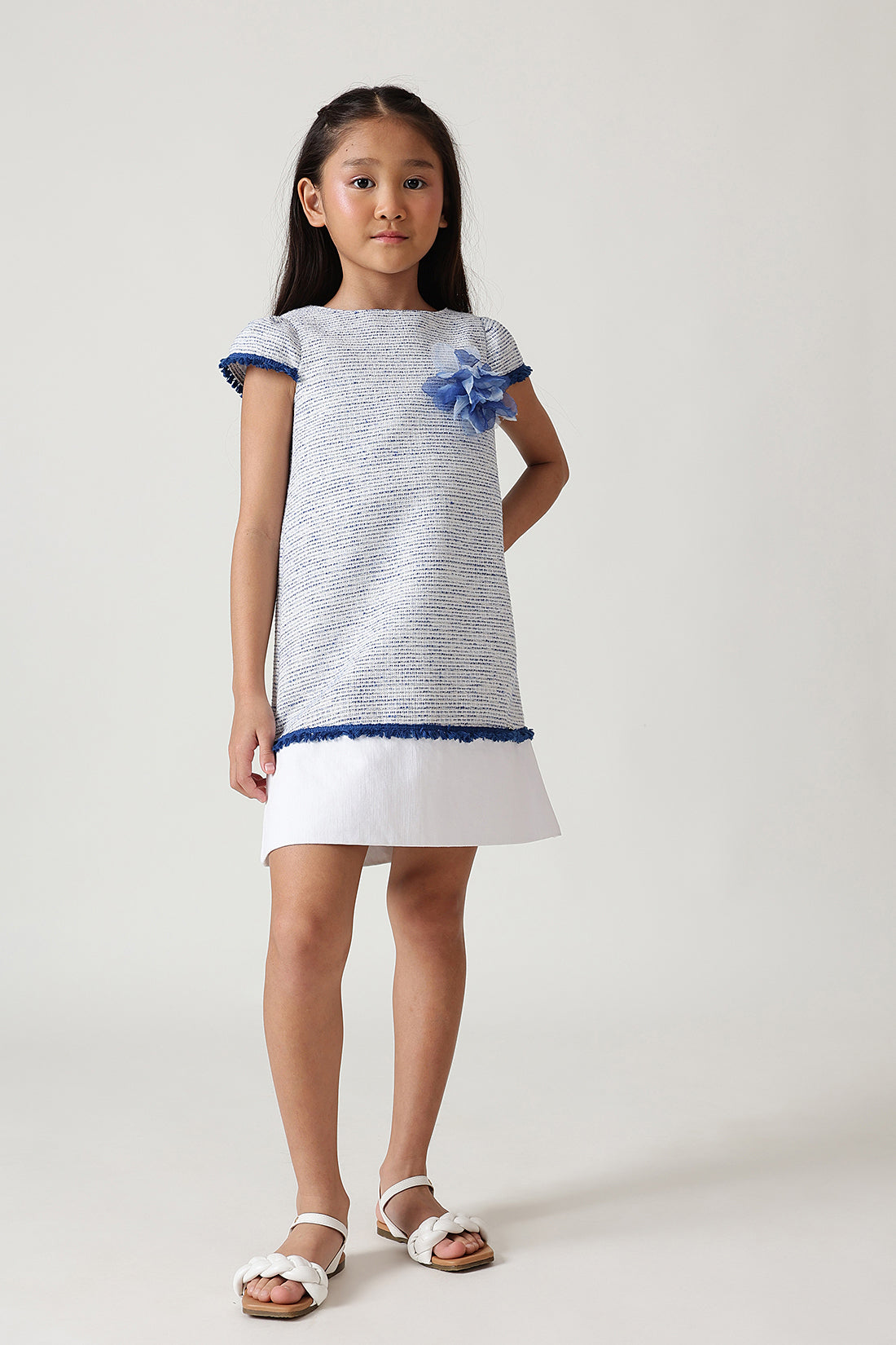 Girls Blue A-Line Cap Sleeve Textured Dress by One Friday