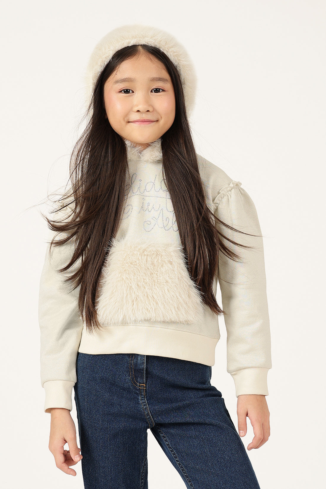 Girls Off White Hooded Full Sleeve Knit Hoody