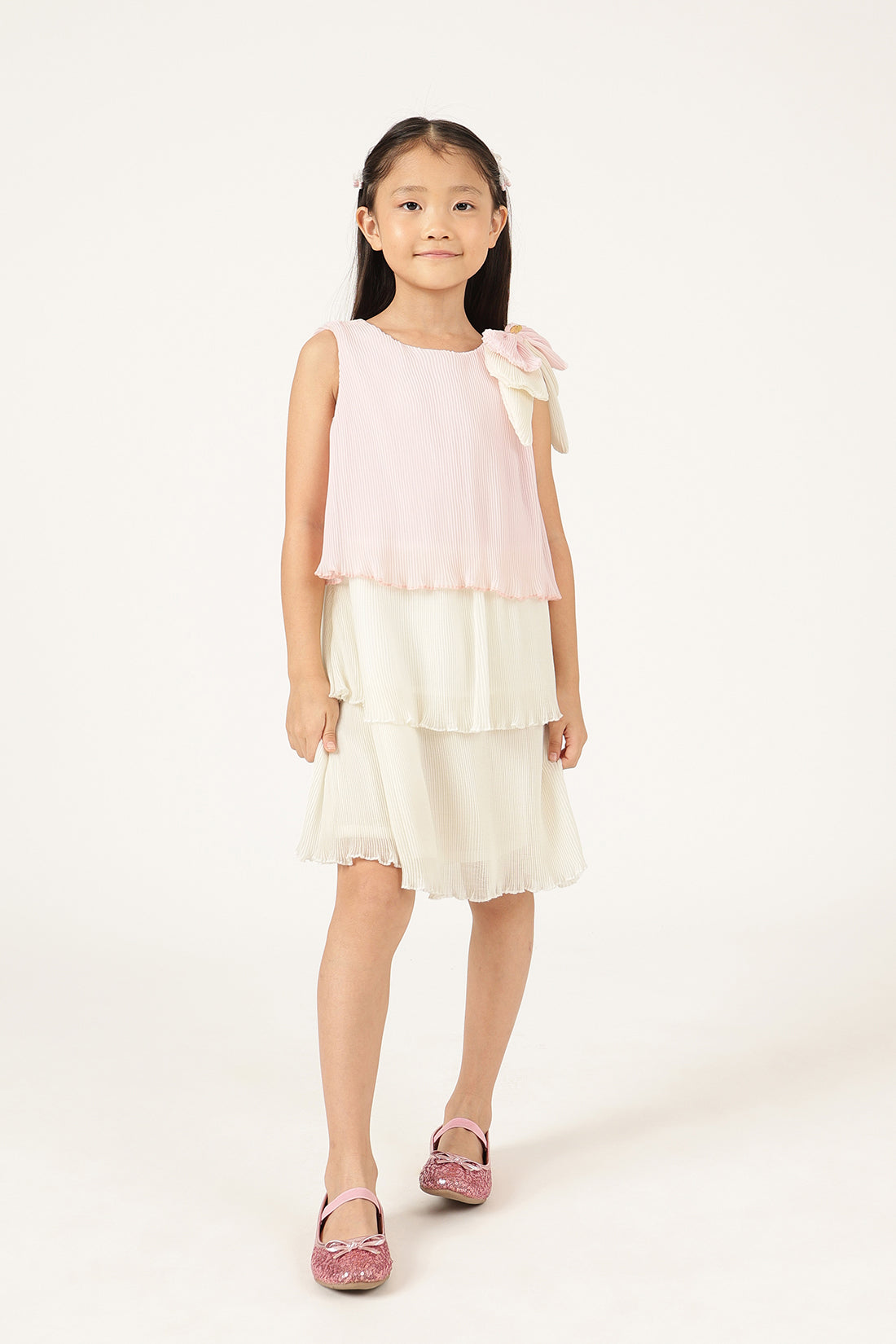 One Friday Girls’ Multicolor Sleeveless Pleated Dress – Regular Fit, Round Neck, Zip Closure