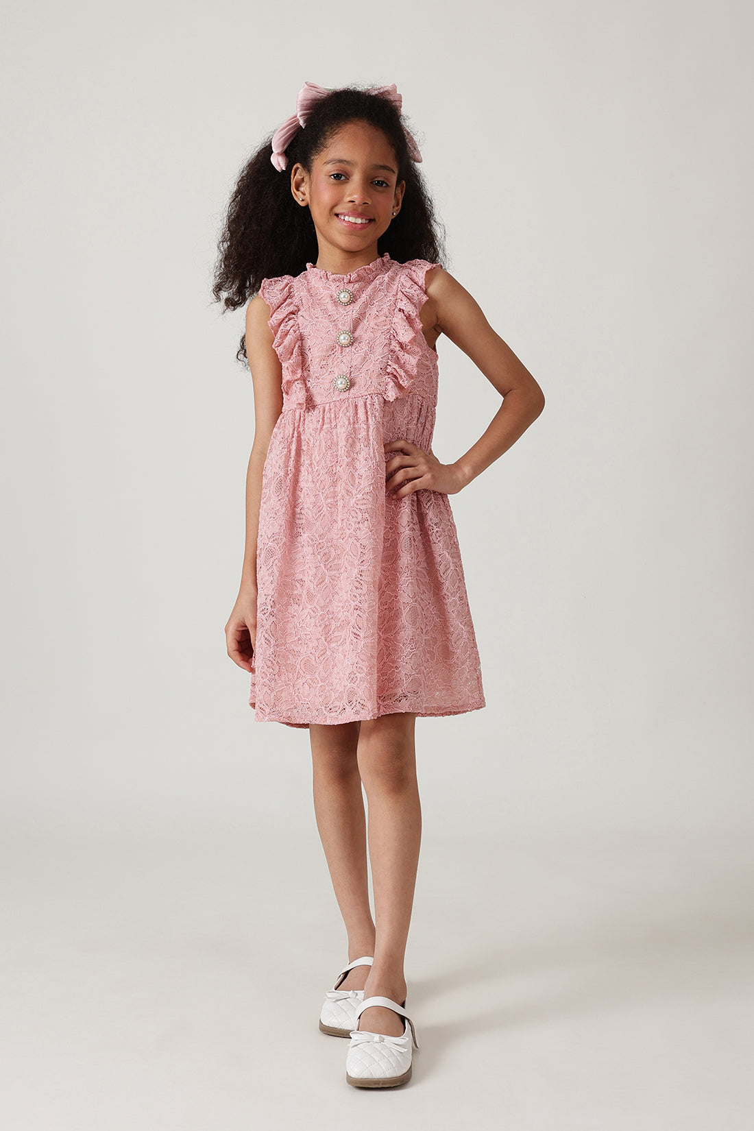 Girls Pink Fitted & Flared Sleeveless Laced Dress