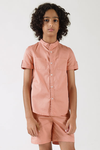 Boys Pink Regular Fit Half Sleeve Solid Shirt by One Friday