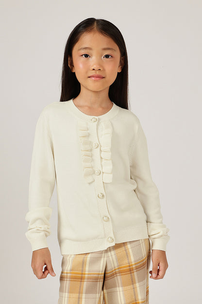 Girls Off White Round Neck Full Sleeve Cardigan