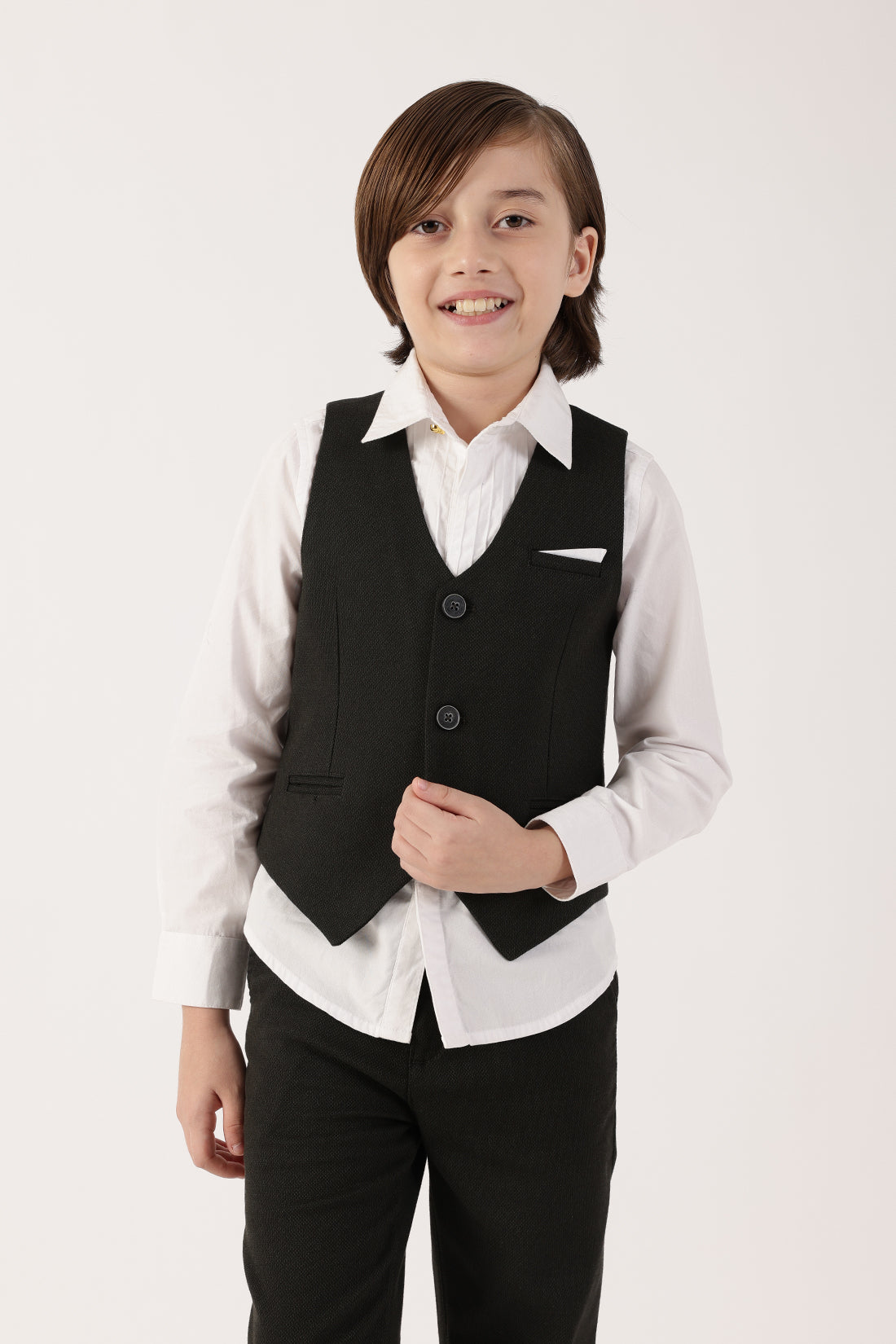 Boys Olive Solid Sleeveless V-Neck Waistcoat