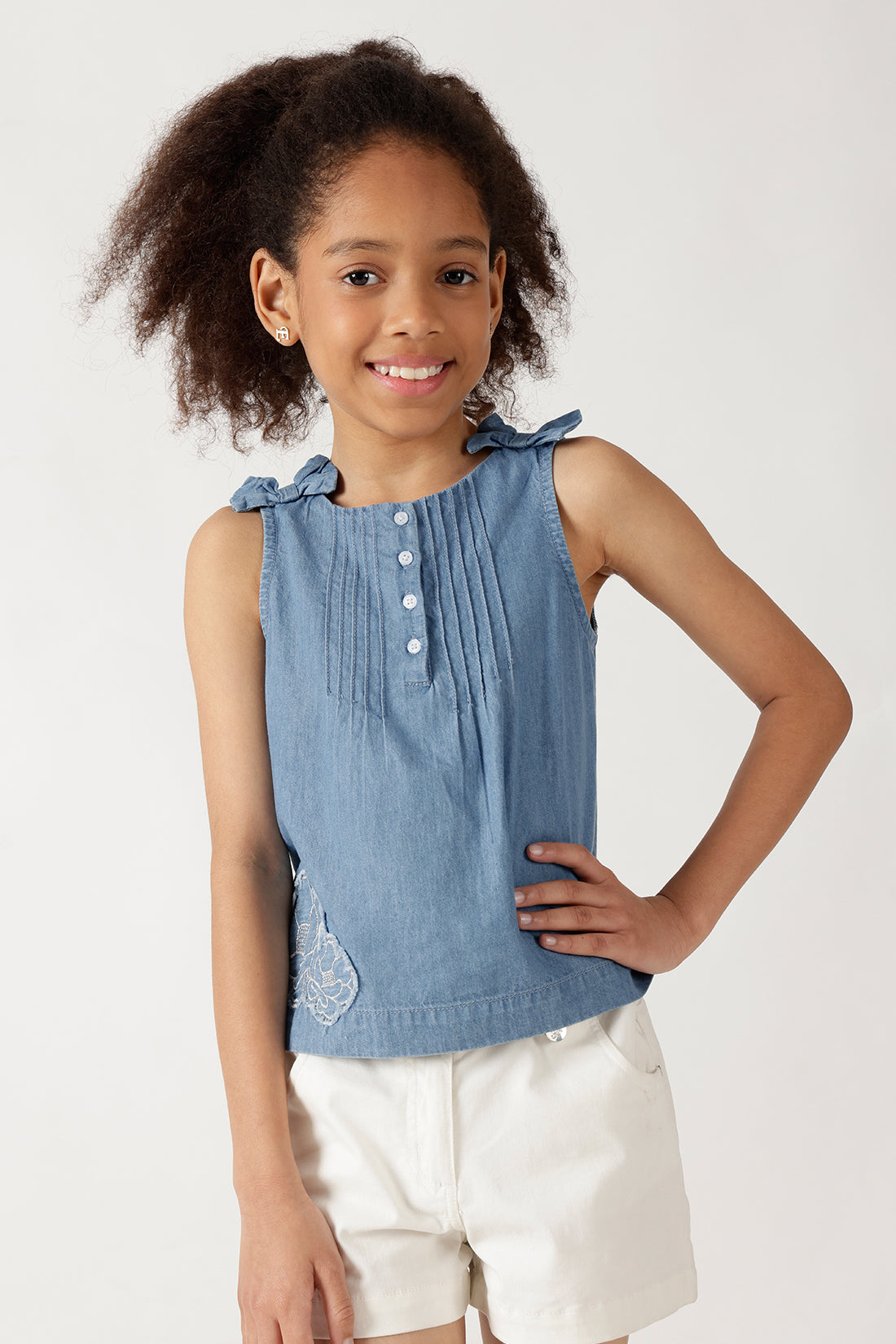One Friday Girls' Light Blue Pintuck Top – Soft Cotton Regular Fit