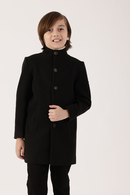 Boys Black High Neck Overcoat | One Friday