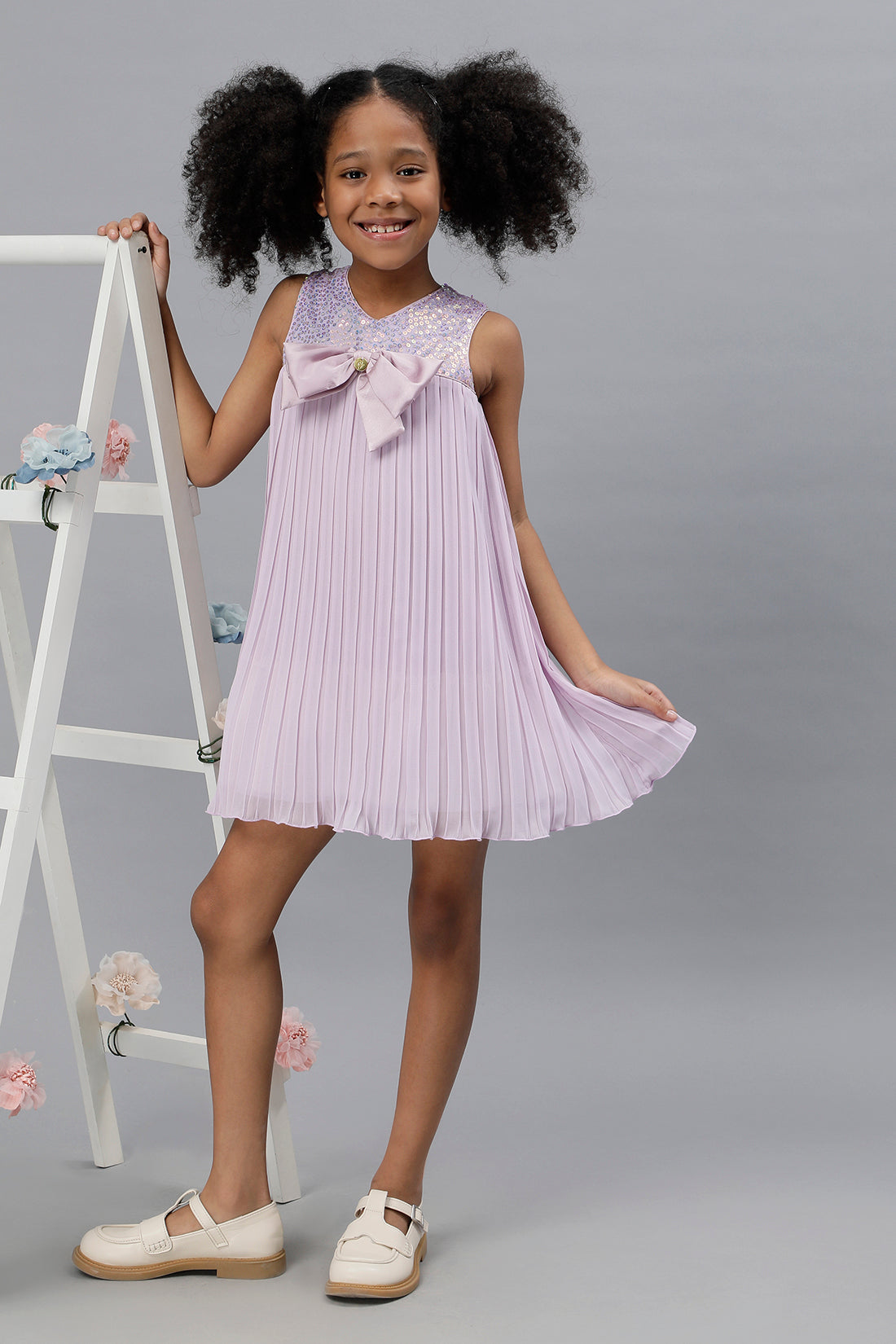 Girls Lilac Sequined Pleated Dress with bow