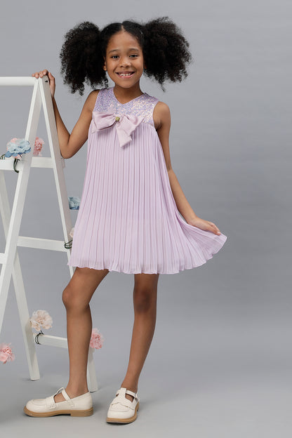 Girls Lilac Sequined Pleated Dress with bow