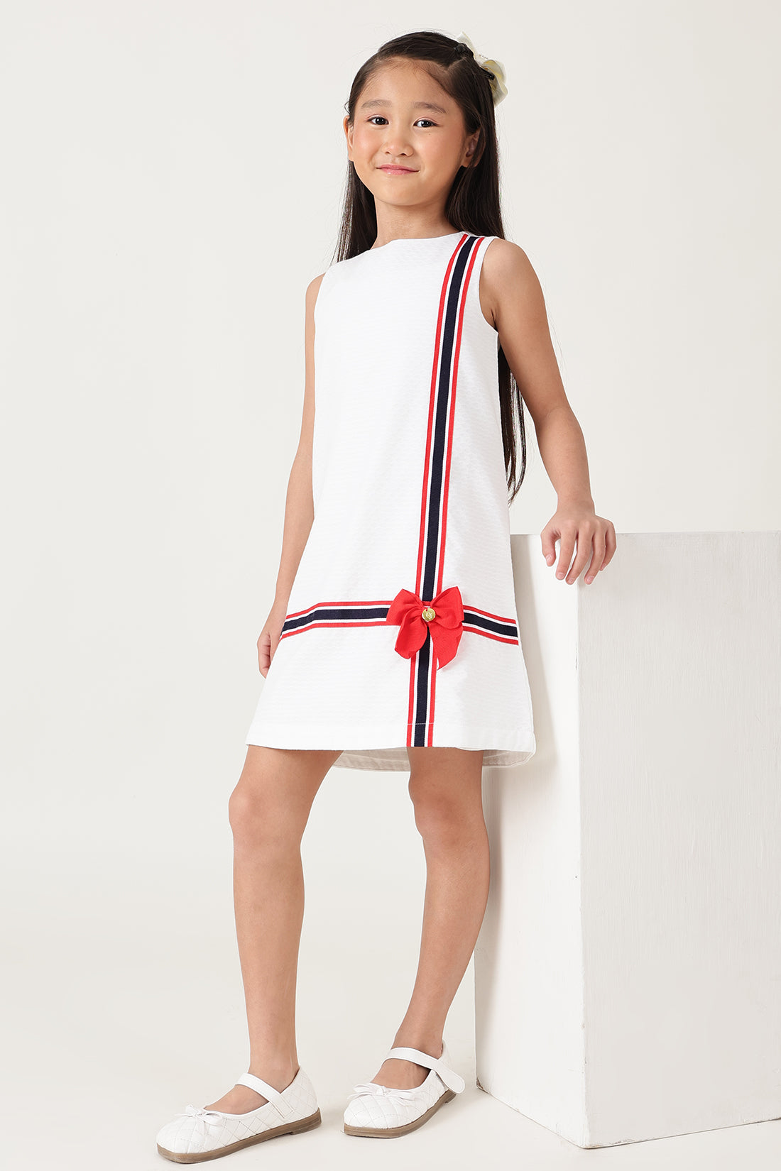 Girls Off White Cotton Jacquard Dress