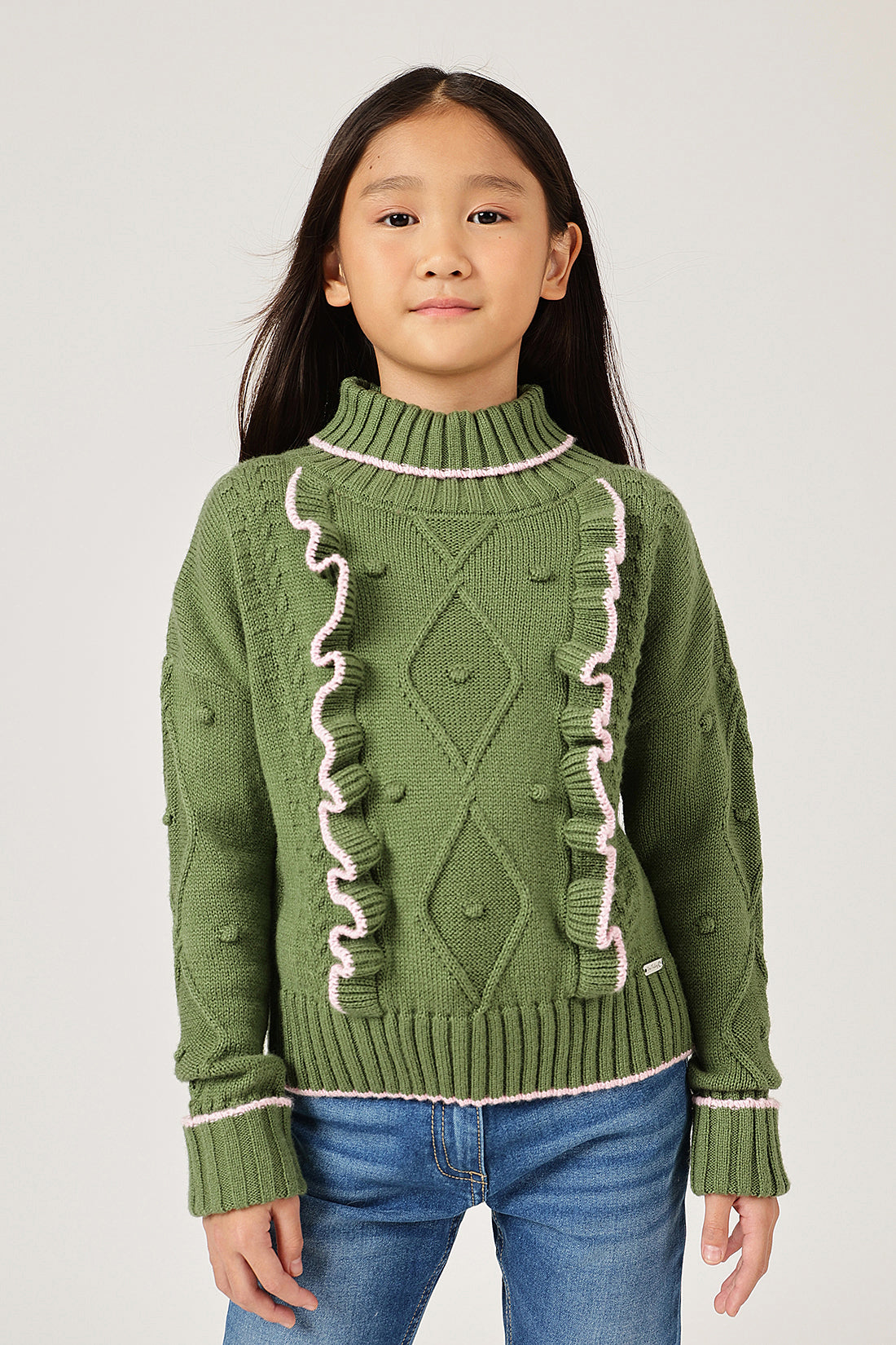 Girls Olive High Neck Knit Sweater