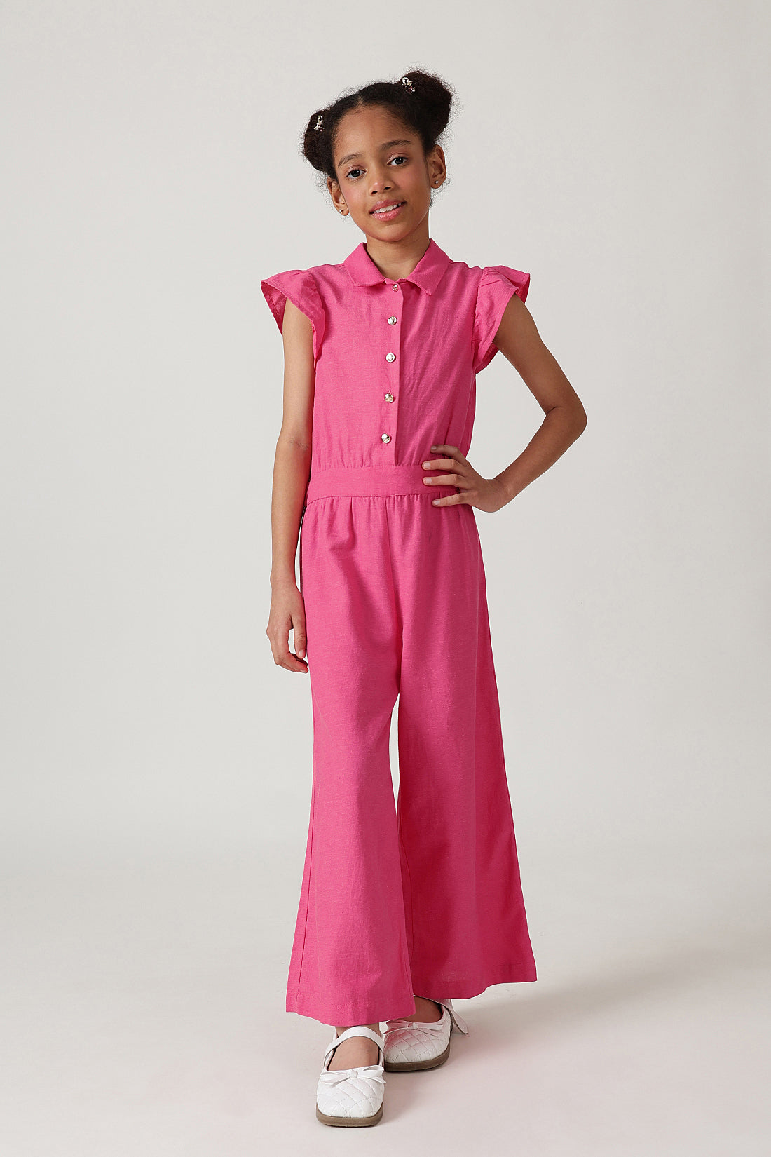 Girls Pink Regular Fit Frill Sleeve Solid Jumpsuit by One Friday